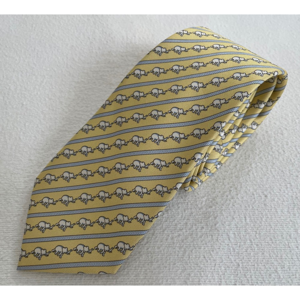 Jim Thompson Mens Silk Tie Yellow‎ Elephant Stripe Pattern Thai Silk Necktie
